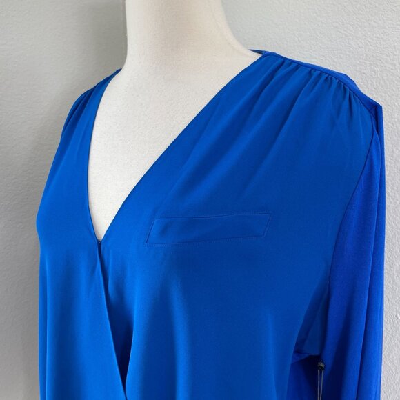 NEW Vince Camuto Womens Large Cobalt Blue Essentials Long Sleeve Wrap Blouse Top - Picture 2 of 12